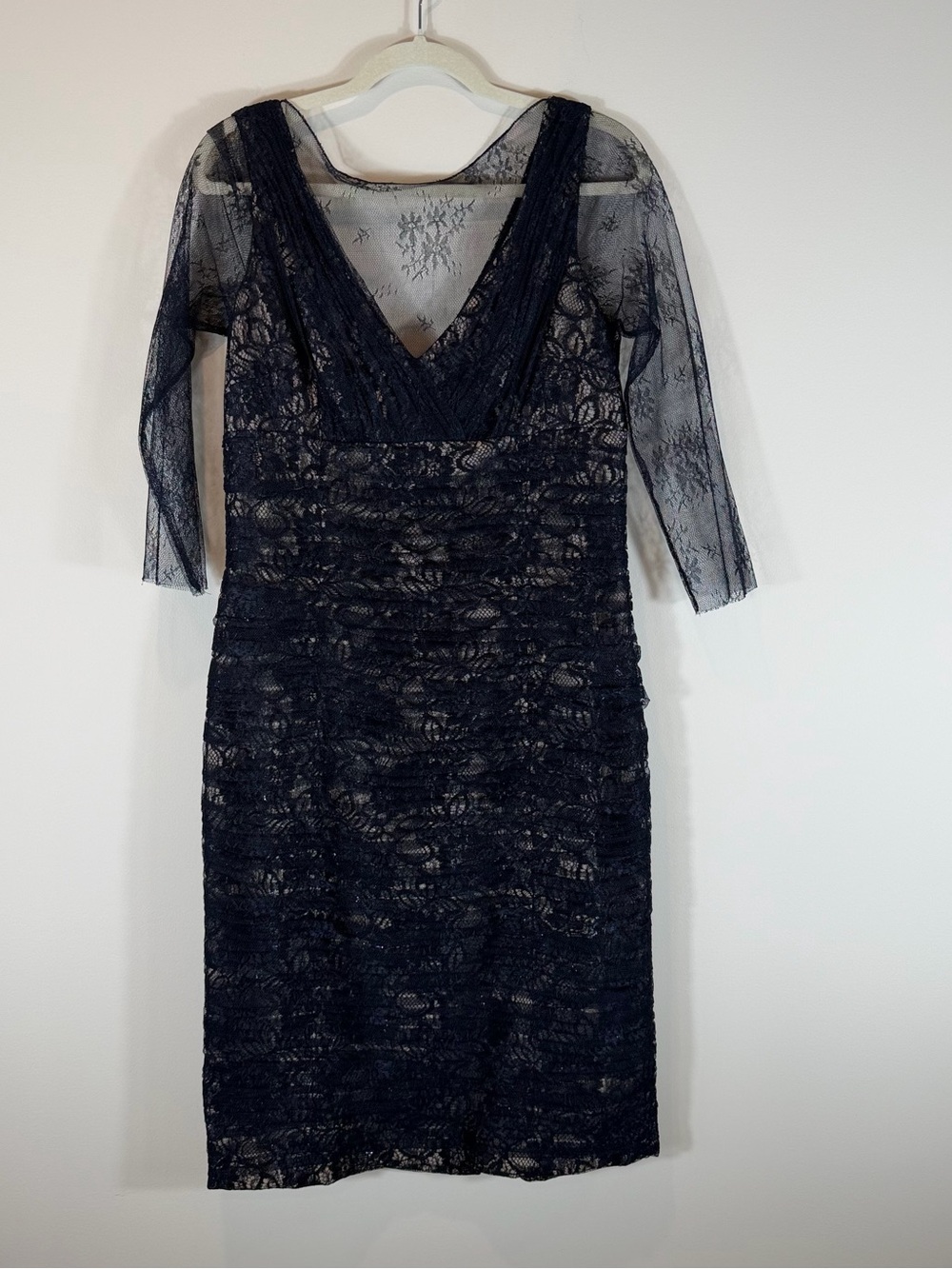 Rickie Freeman for Teri Jon Black Lace V-Neck Midi Dress Size 6